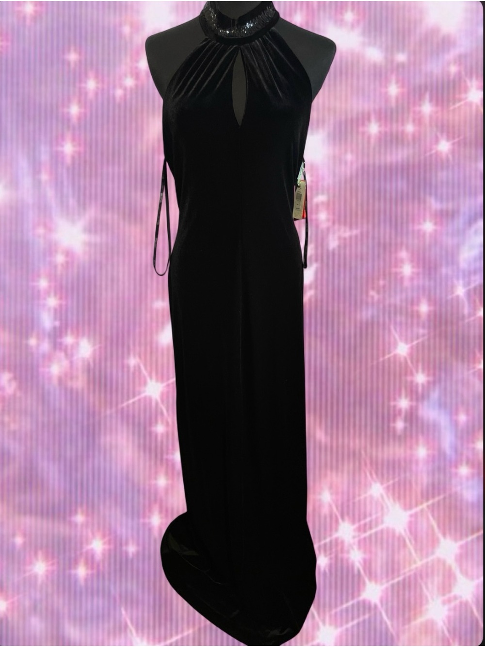 Night Way Collections Black Velvet Halter Maxi with Sequin Neck - Picture 1 of 3